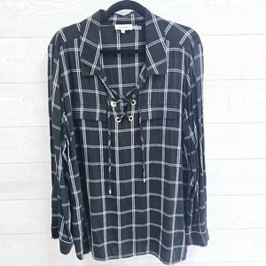 Calvin Klein Womens XL Black White Windowpane Plaid Lace Up Grommet Blouse Top